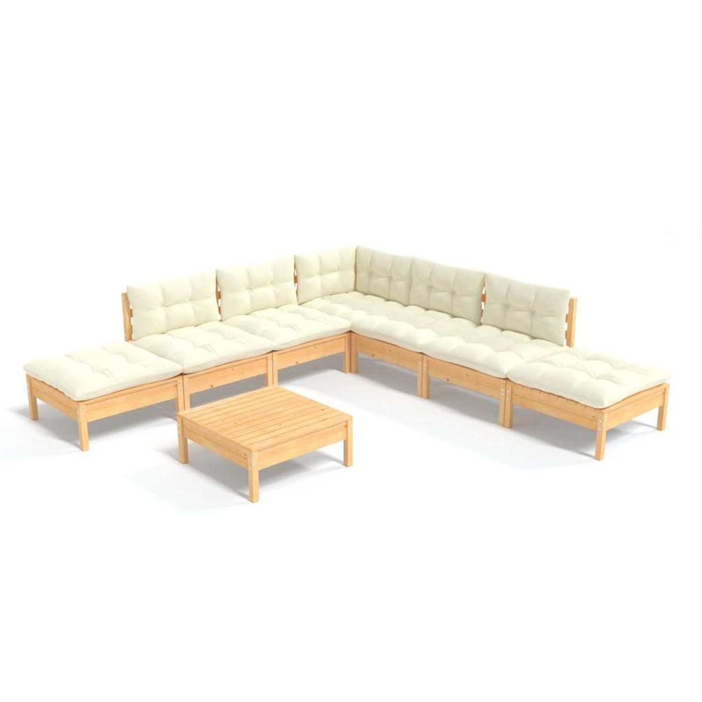 Salon de jardin 8 pcs avec coussins crème bois de pin