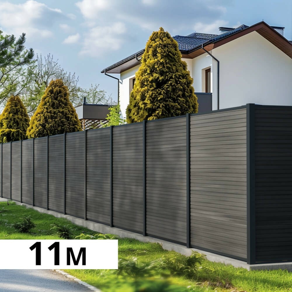 Kit clôture bois composite ardoise 11x1,8m santos - poteaux en aluminium gris - brise vue - palissade