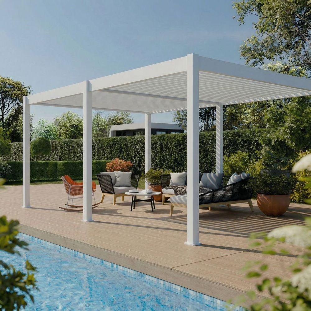 Pergola bioclimatique aluminium autoportée 19m² - 3,6x5,3 - blanc - lames orientables de 0 à 120 degrés - elios 19