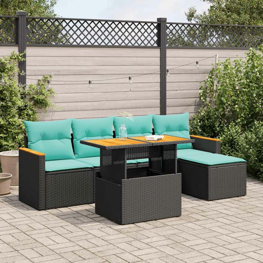 Salon de jardin 6 pcs avec coussins noir résine tressée