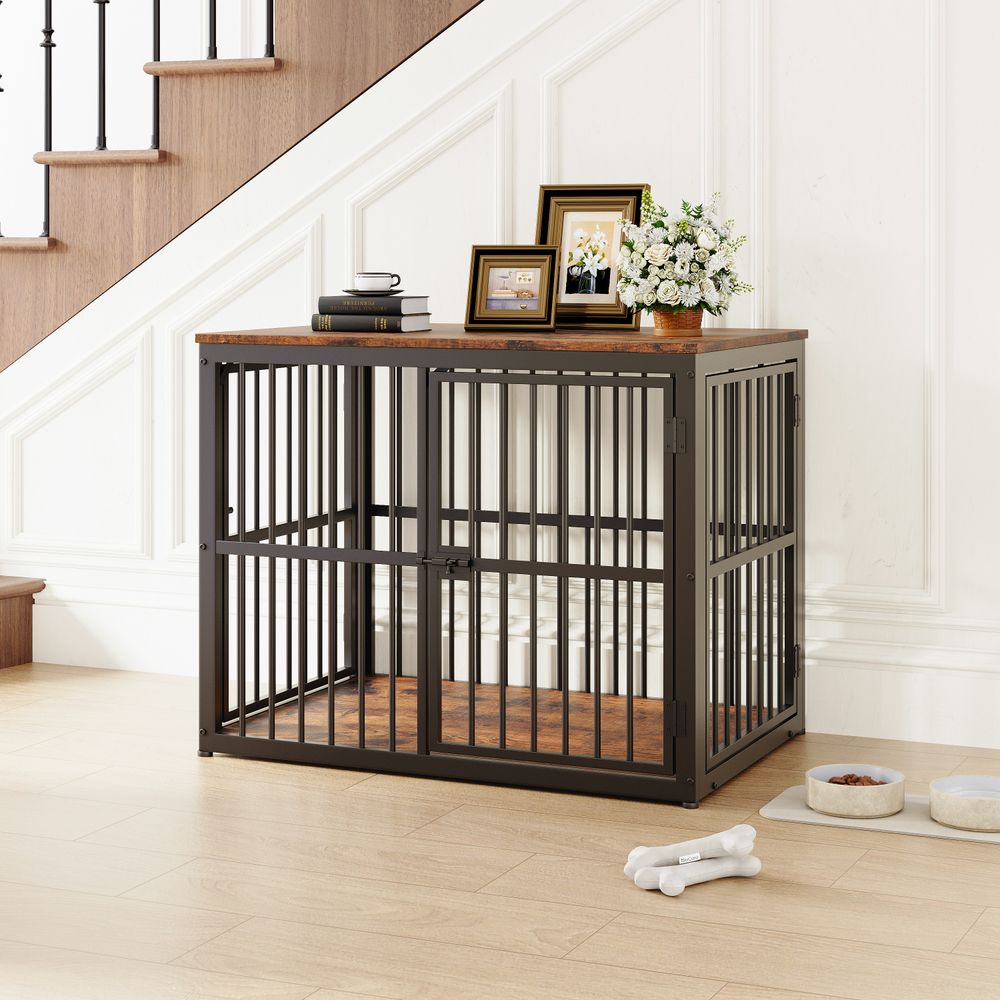 Cage meuble pour chien en panneaux de particules et métal 84 x 56 x 66 cm brun rétro 3 portes