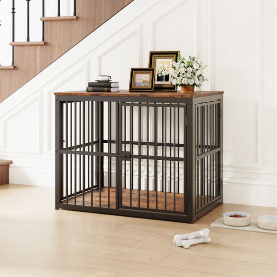 Cage meuble pour chien en panneaux de particules et métal 84 x 56 x 66 cm brun rétro 3 portes