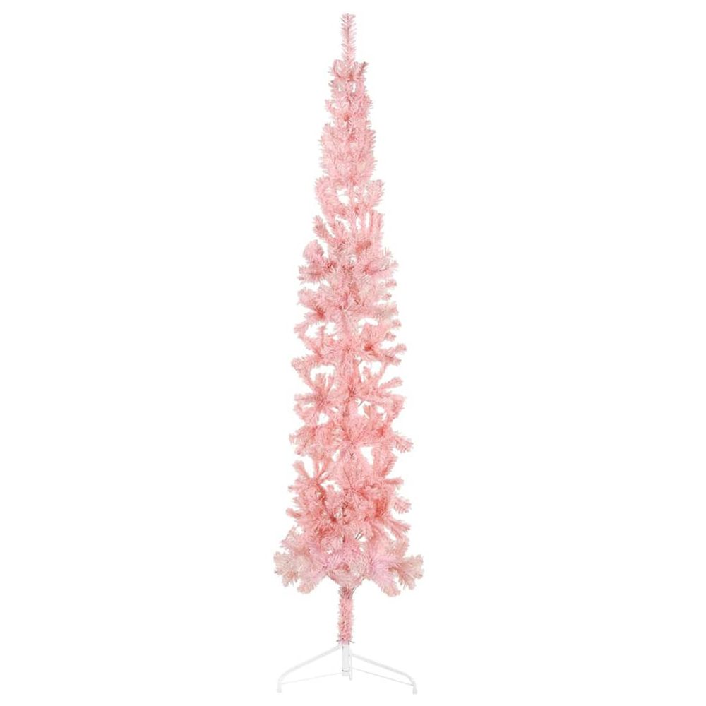 Demi sapin de noël artificiel mince avec support rose 210 cm