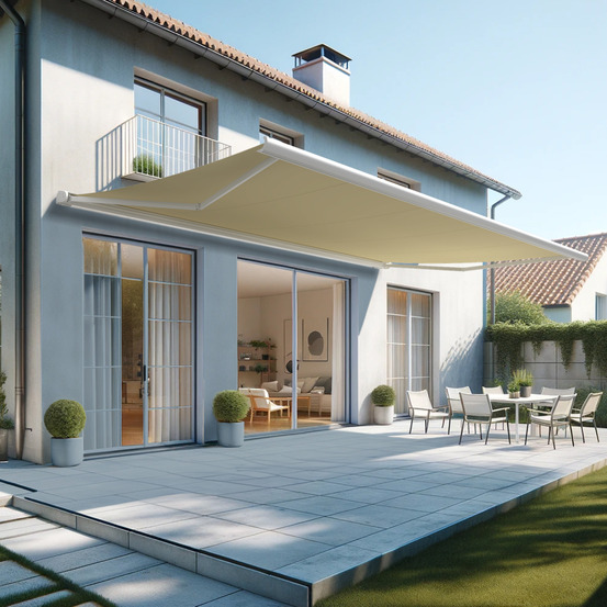 Store banne coffre intégral hevoa 6,00x3,50 m (motorisé secours à télécommande - blanc satiné ral9010 - écru)