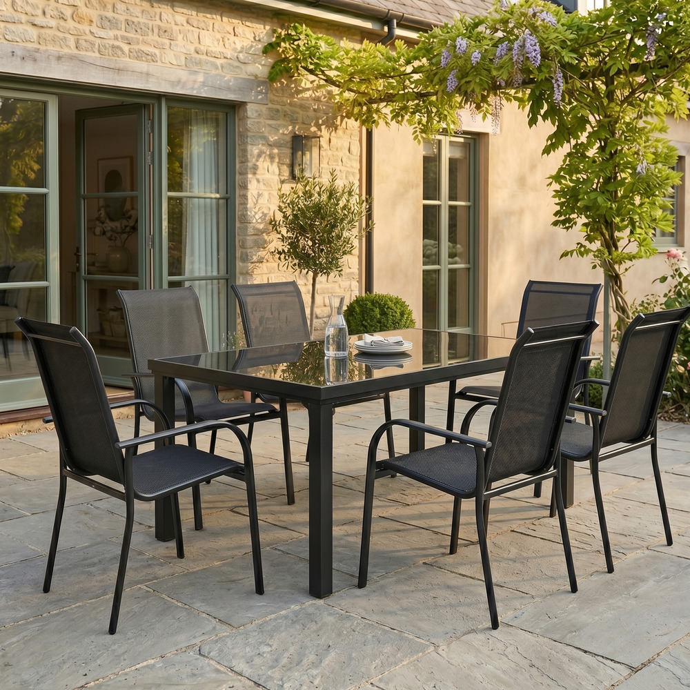 Ensemble blackedition 6p en aluminium, plateau en verre trempé opaque avec 6 fauteuils en textilène