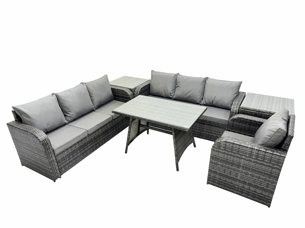 Ensemble de canapés en rotin salon de jardin avec table à manger rectangulaire chaise inclinable 2 tables d'appoint gris foncé mixte