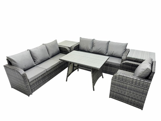 Ensemble de canapés en rotin salon de jardin avec table à manger rectangulaire chaise inclinable 2 tables d'appoint gris foncé mixte