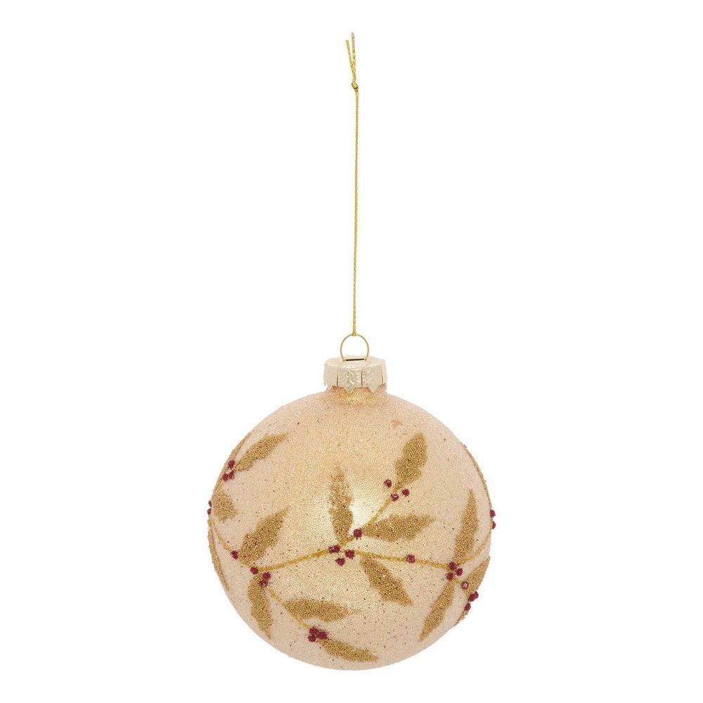 Boule de noël en verre billes et houx dorés d. 80 mm