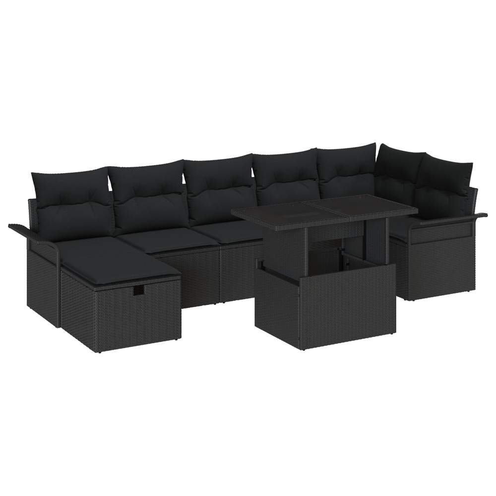 Ensemble de canapé de jardin 8 pièces avec coussins en poly rotin noir