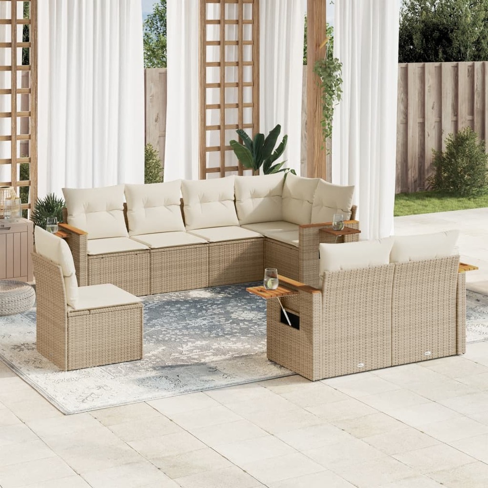 Salon de jardin avec coussins 8 pcs beige résine tressée