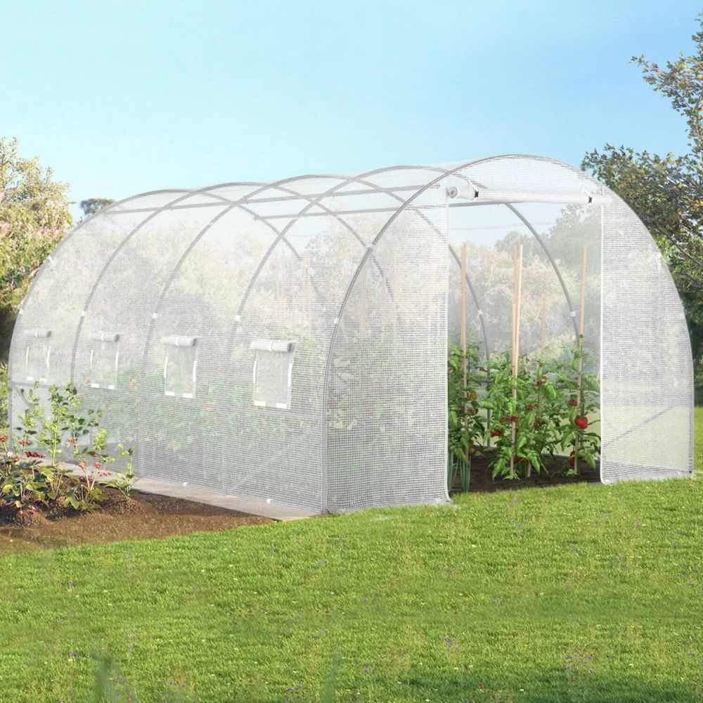 Serre de jardin tunnel 12m² 4 x 3 x 2 m acier galvanisé + bâche anti-uv avec porte et fenêtres zebra blanche
