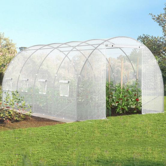Serre de jardin tunnel 12m² 4 x 3 x 2 m acier galvanisé + bâche anti-uv avec porte et fenêtres zebra blanche