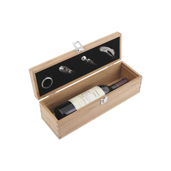 Coffret bouteille vin en bambou – 4 accessoires inox – élégant et naturel