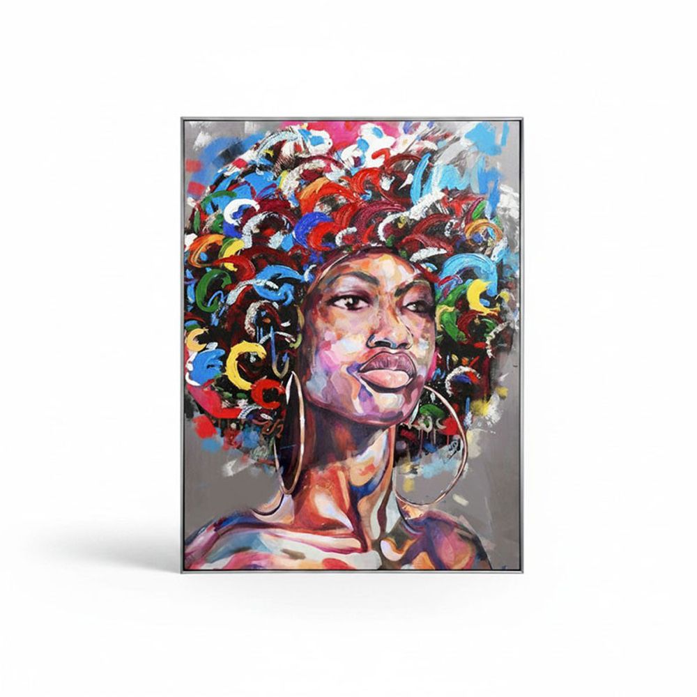 Tableau encadrée portrait africaine multicolore toile 90x4x120cm