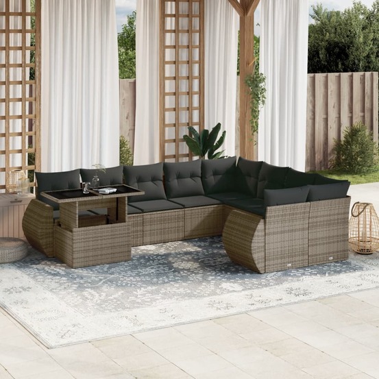 Salon de jardin avec coussins 10 pcs gris résine tressée
