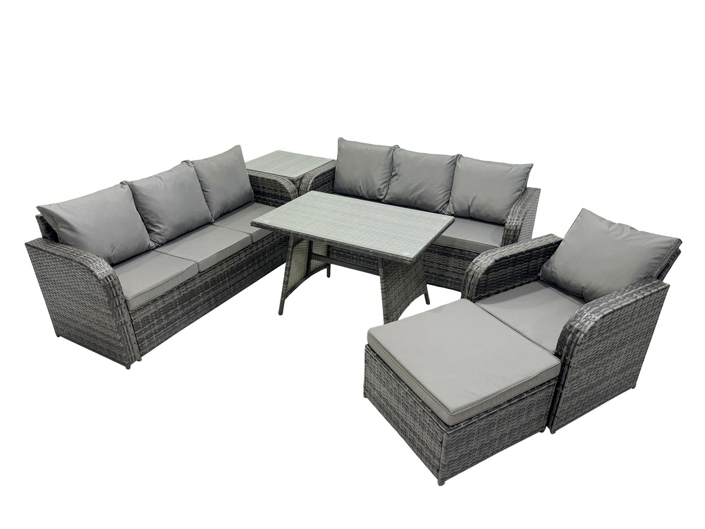 Ensemble de canapés en rotin salon de jardin avec table à manger chaise inclinable grand tabouret table d'appoint gris foncé mixte