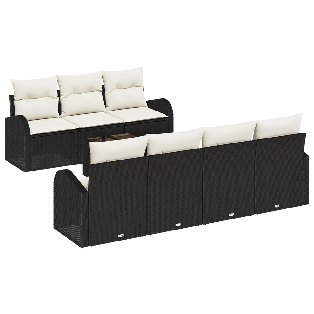 Set de sofa de jardin de 8 pièces avec coussins en rotin noir poli