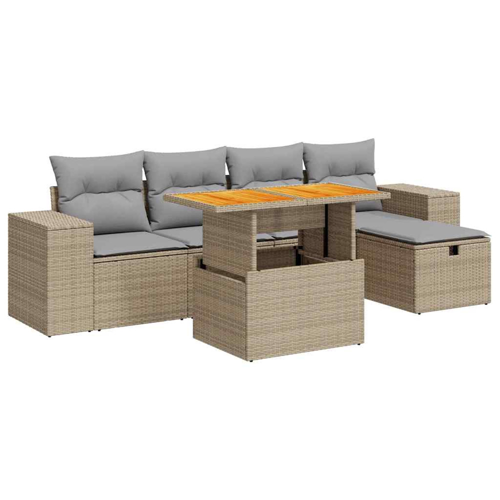 Salon de jardin 6 pcs avec coussins beige résine tressée acacia
