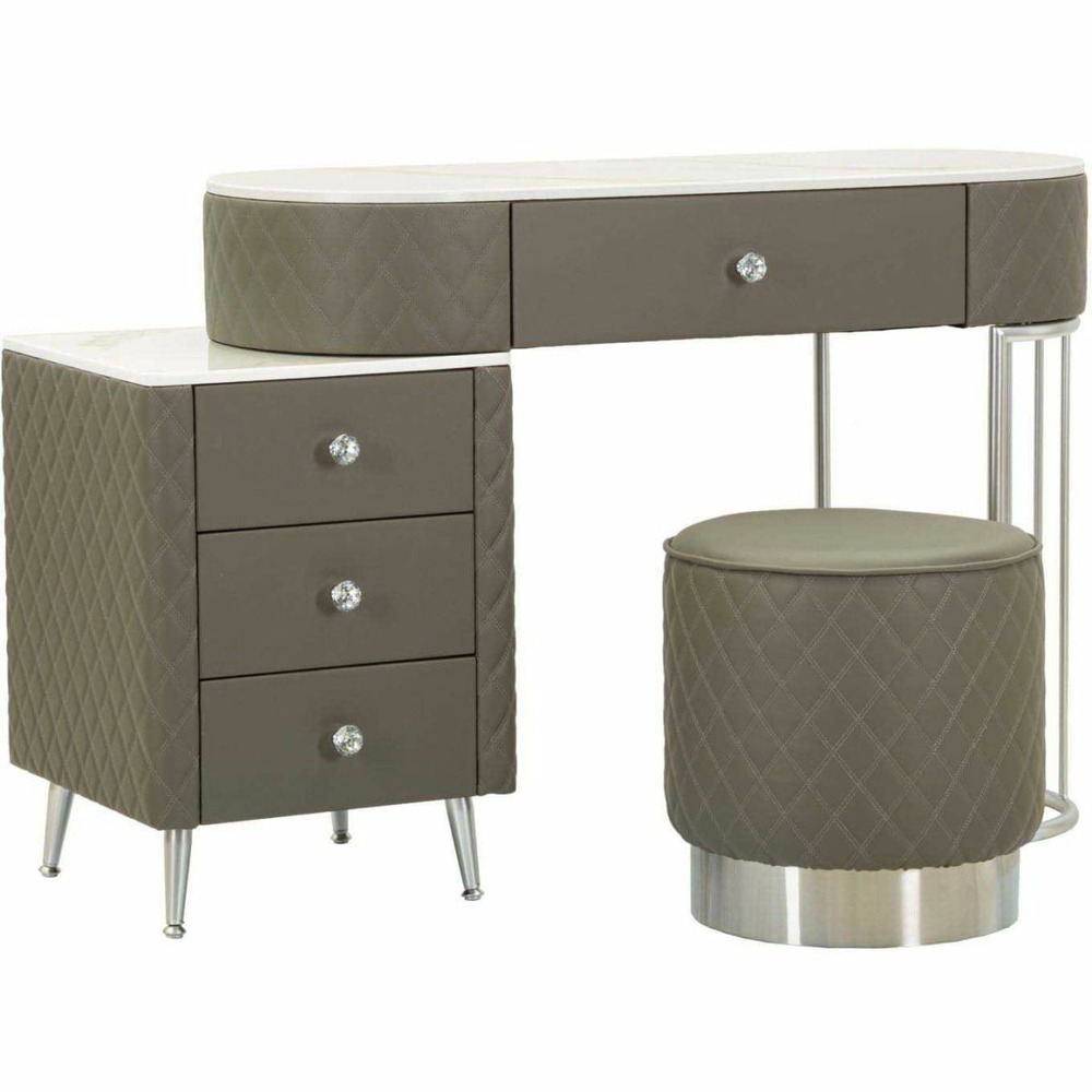 Coiffeuse effet matelassé avec tabouret sharon gris et argent