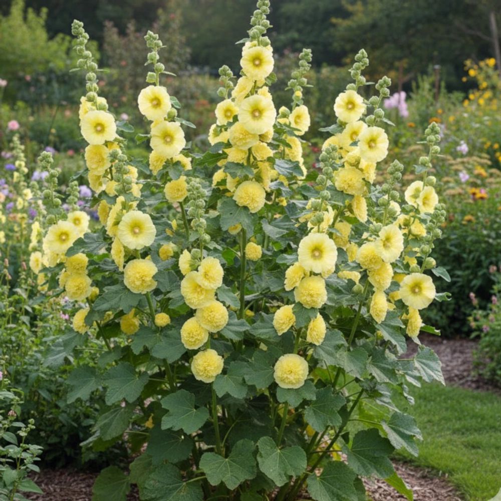 Rose trémière chater's double jaune lot de 9 godets
