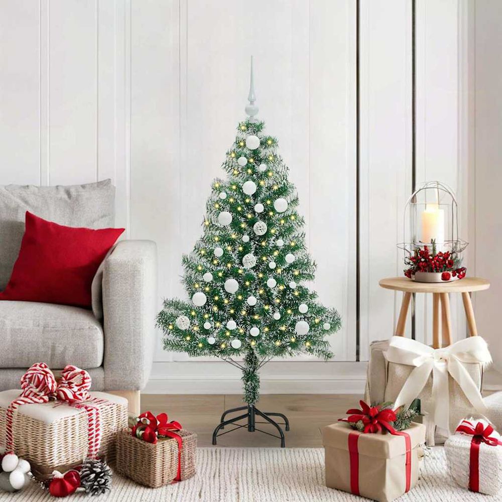 Sapin de noël floqué 120 cm avec guirlande led et kit de 61 décorations