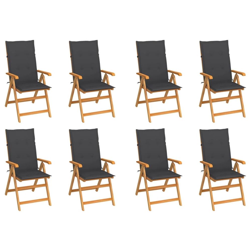 Fauteuils pliants inclinables avec coussins, 8 pièces, en teck massif