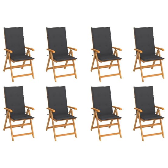 Fauteuils pliants inclinables avec coussins, 8 pièces, en teck massif