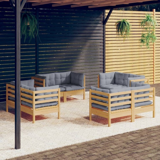 Salon de jardin 8 pcs avec coussins gris bois de pin