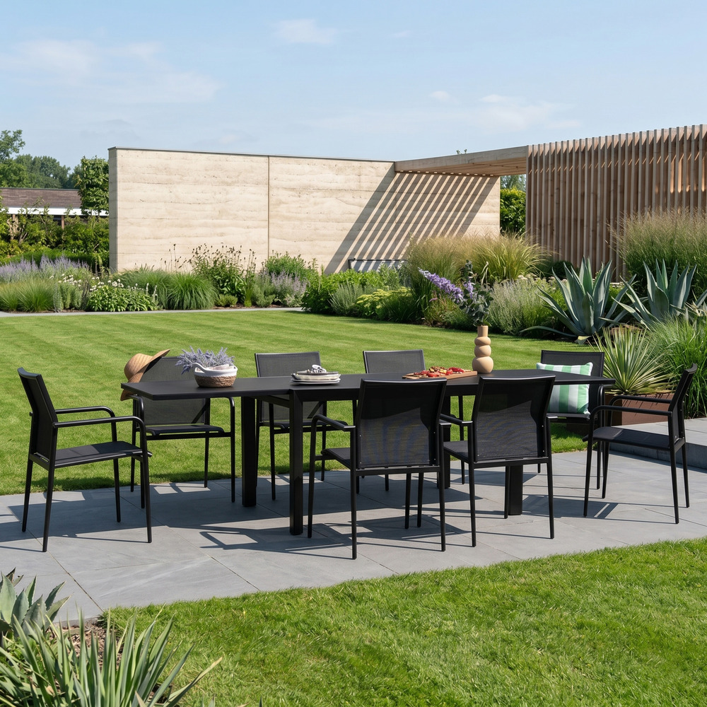 Ensemble 8/12p en aluminium et plateau en verre poli noir avec 10 fauteuils modulo