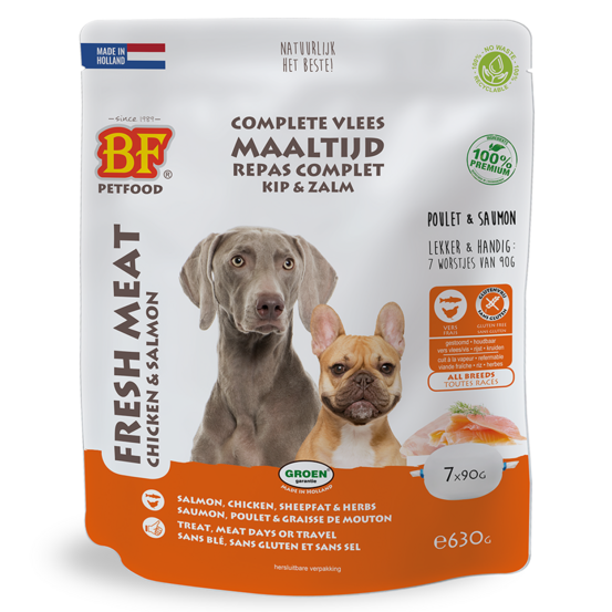 Saucisses au poulet et saumon pour chien, (7 portions de 90g) 630g