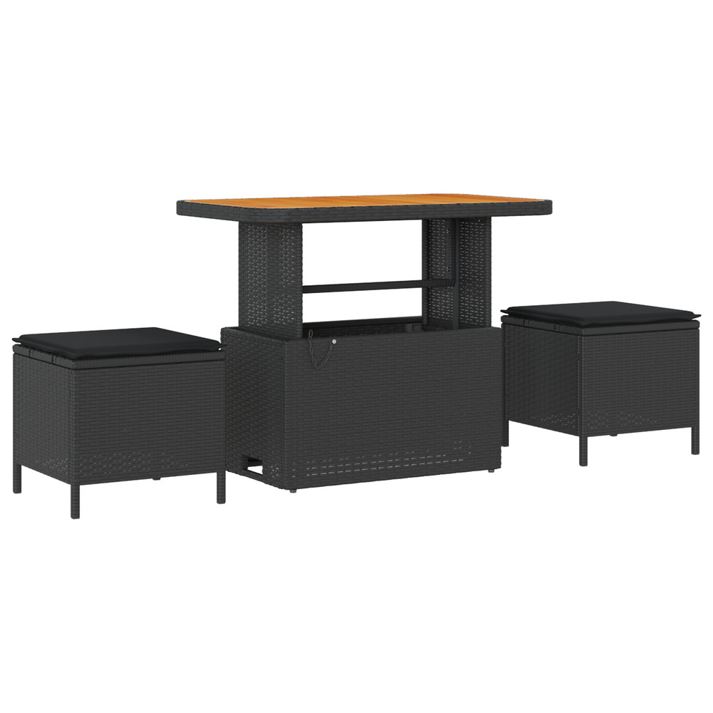 Ensemble de salle à manger de jardin 3 pièces avec coussins en poly rattan noir et acacia