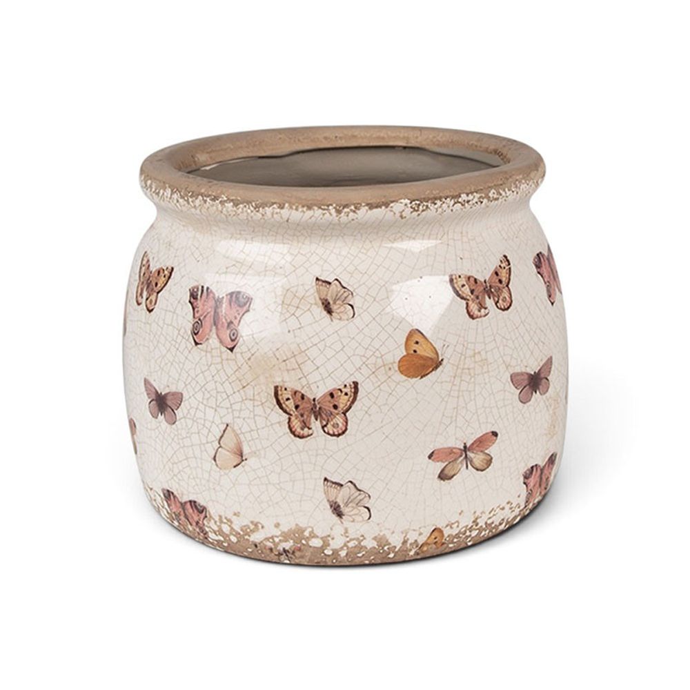 Pot de fleurs d'intérieur beige à papillons 16x13cm
