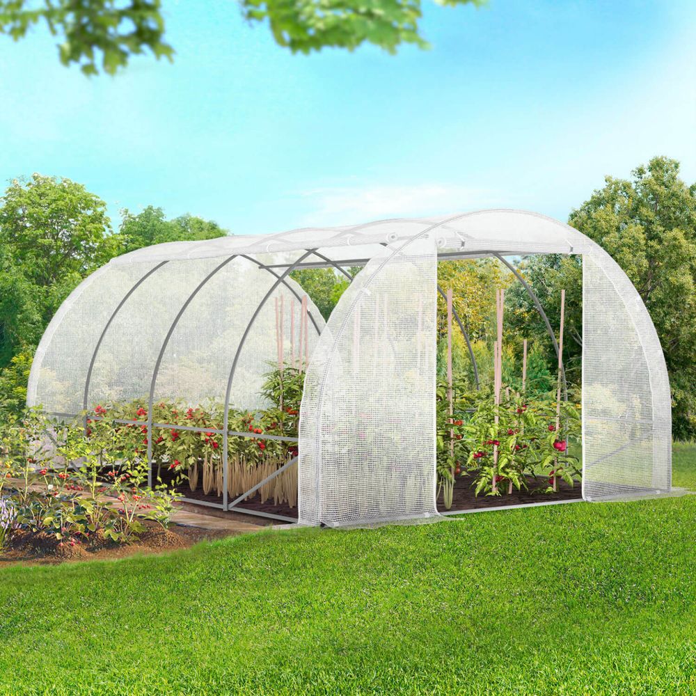 Serre de jardin tunnel 12m² 4 x 3 x 2 m acier galvanisé + bâche anti-uv avec porte et fenêtres zebra blanches toutes saisons