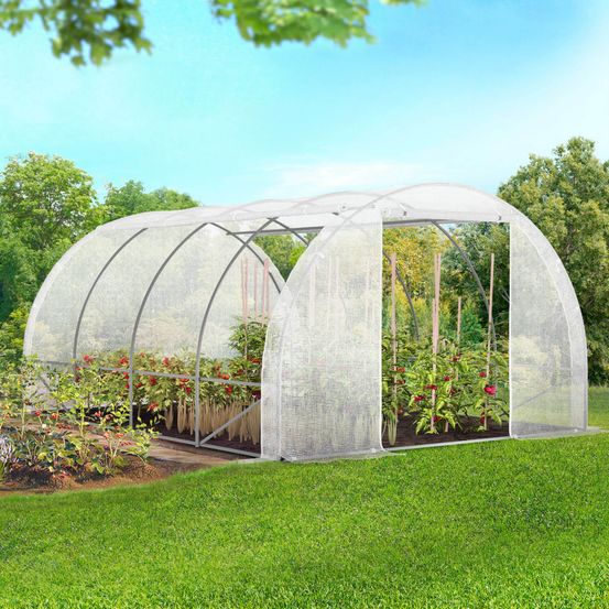 Serre de jardin tunnel 12m² 4 x 3 x 2 m acier galvanisé + bâche anti-uv avec porte et fenêtres zebra blanches toutes saisons