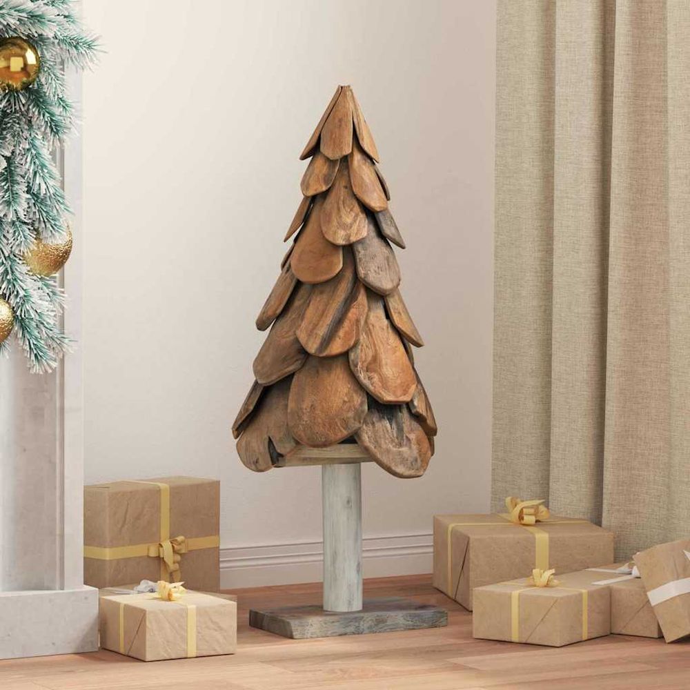 Sapin de noël rustique en bois de teck massif décoration naturelle 90 cm