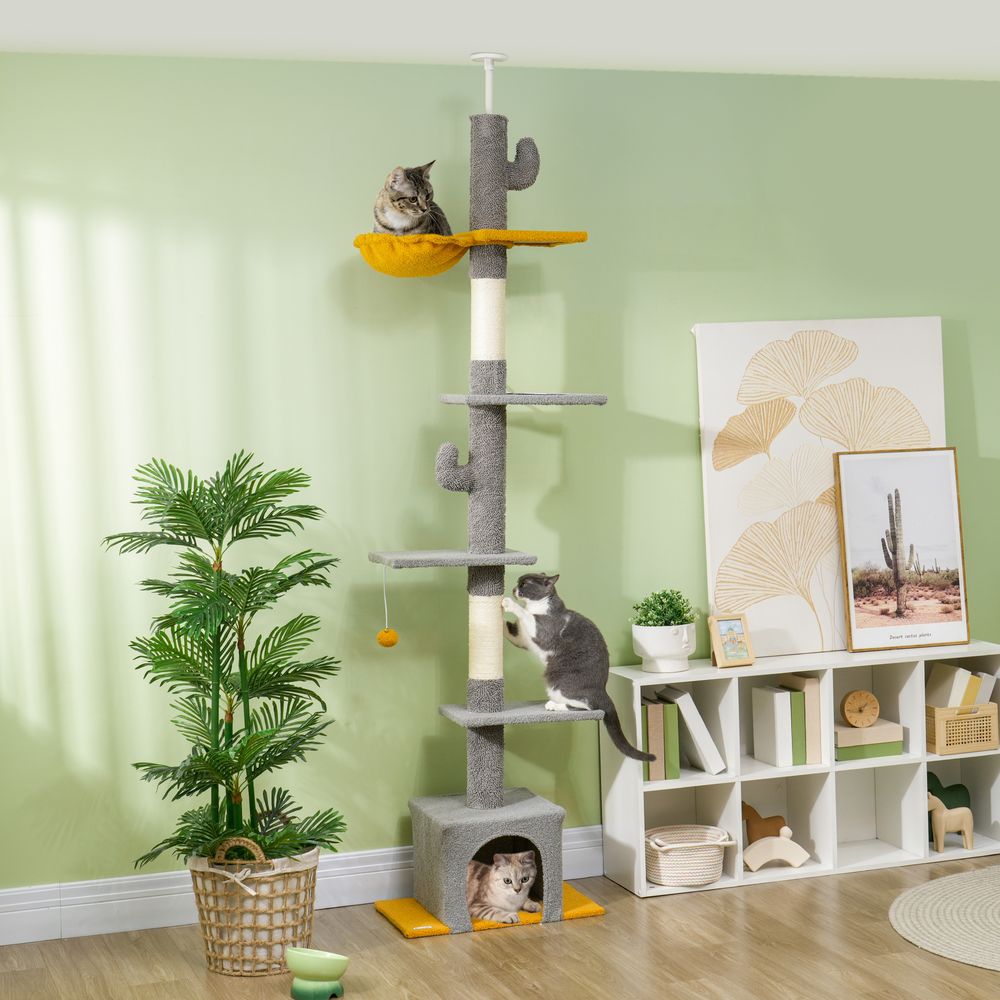 Arbre à chat, hauteur 275 cm, 6 niveaux pour chat d'intérieur, du sol au plafond, avec plate-formes, niche, gris clair