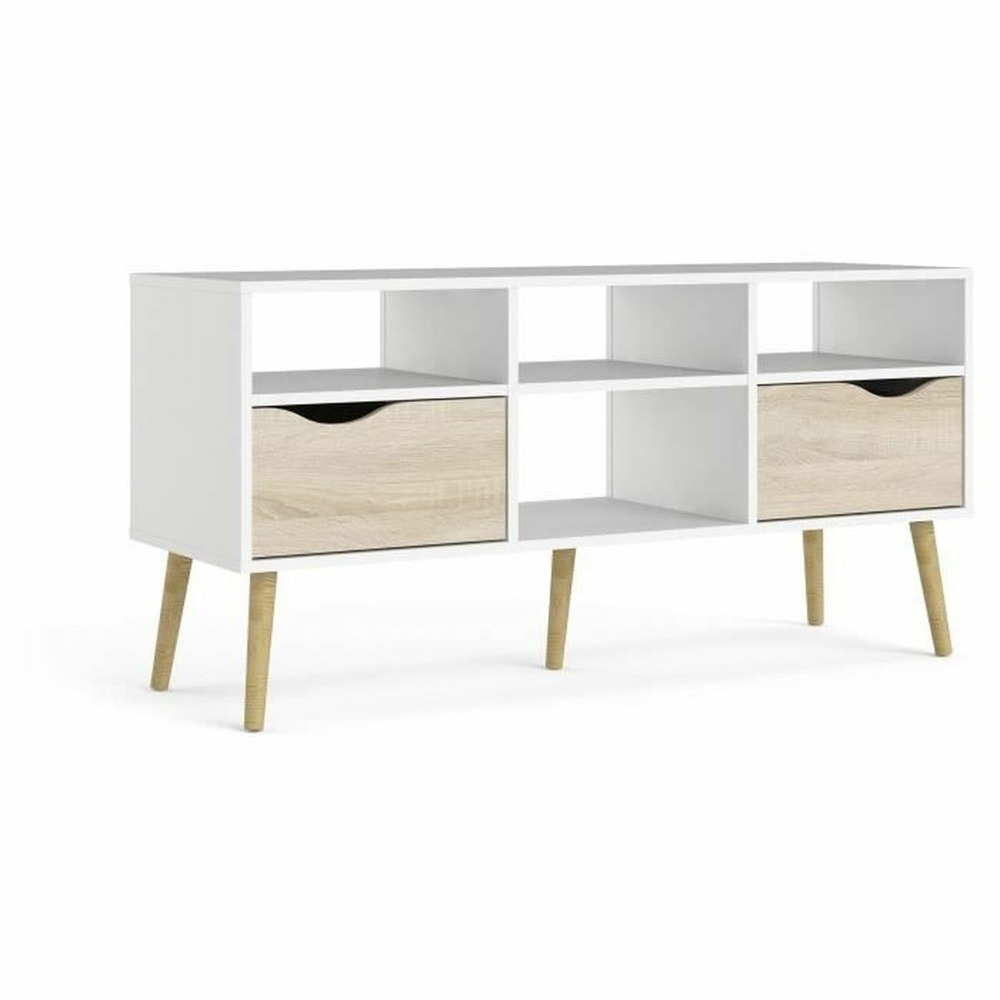 Meuble tv 4 niches 2 tiroirs - blanc / chêne - 117 x 39 x 57,4 cm
