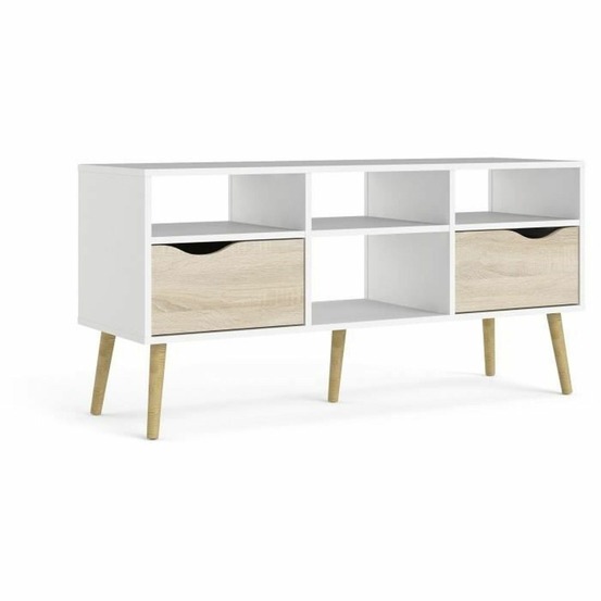 Meuble tv 4 niches 2 tiroirs - blanc / chêne - 117 x 39 x 57,4 cm