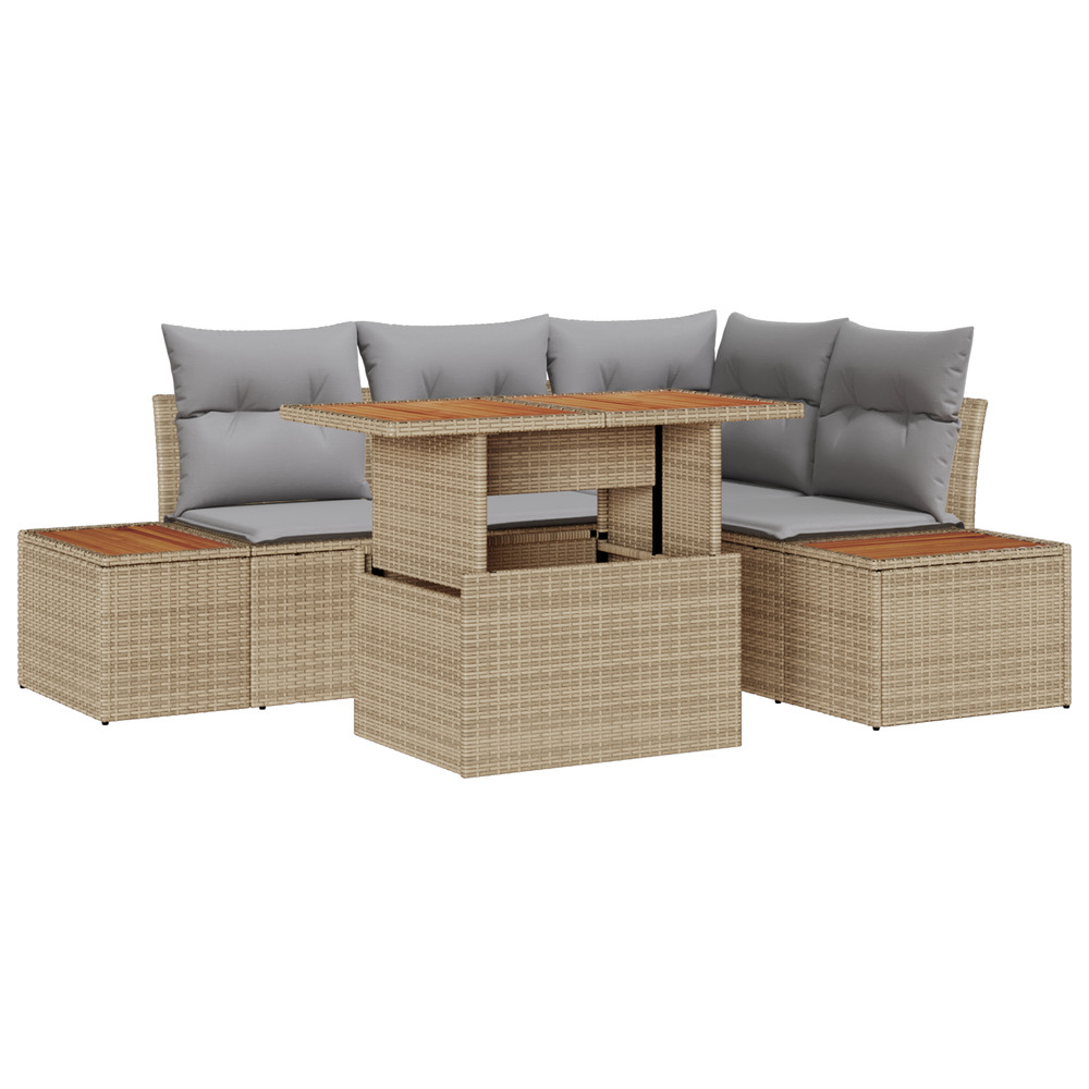 Ensemble de salle à manger de jardin 5 pièces avec coussins beige poly rattan acacia