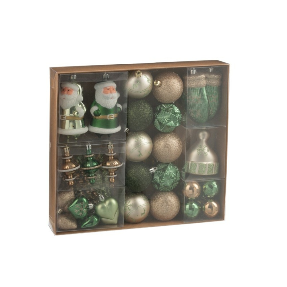 Boîte de 45 décorations de noël en plastique vert 30x6x30 cm