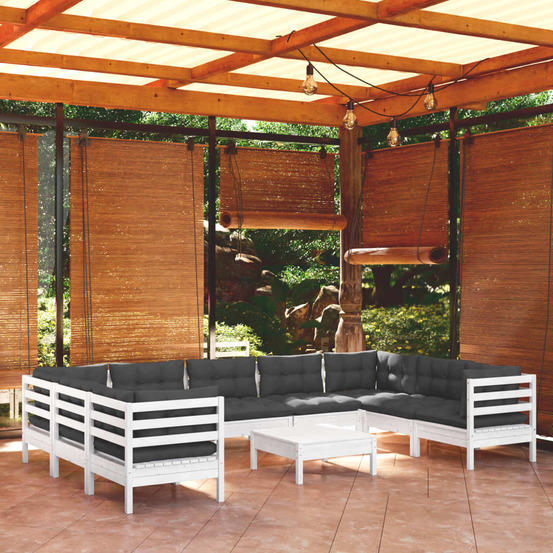 Salon de jardin 10 pcs avec coussins blanc bois de pin