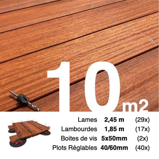 Kit complet terrasse bois exotique padouk pour 10 m², lames 2,45 m, lambourdes 1,85 m, plots réglables et visserie inox.