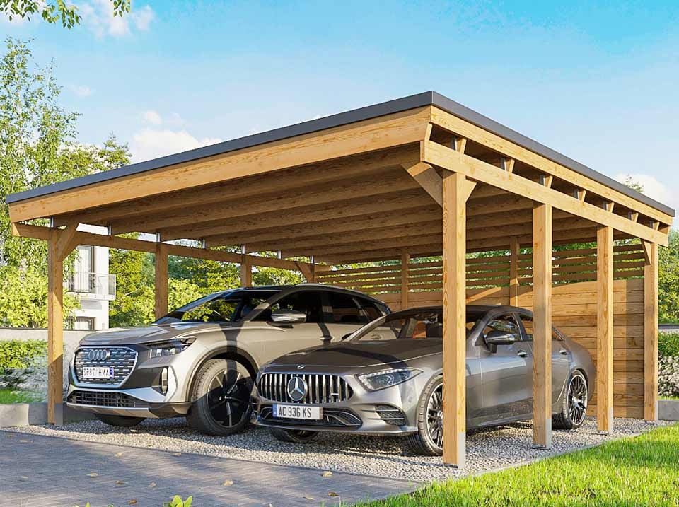 Carport bois castellane - 558x555 - panneau de fond intégré - toiture en bois + feutre bitumeux - abri 2 voiture
