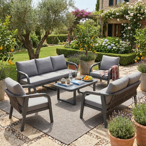 Ensemble salon de jardin 7 places : canapés 3/2 places, 2 fauteuils, table verre, fer galvanisé, corde tressée, gris