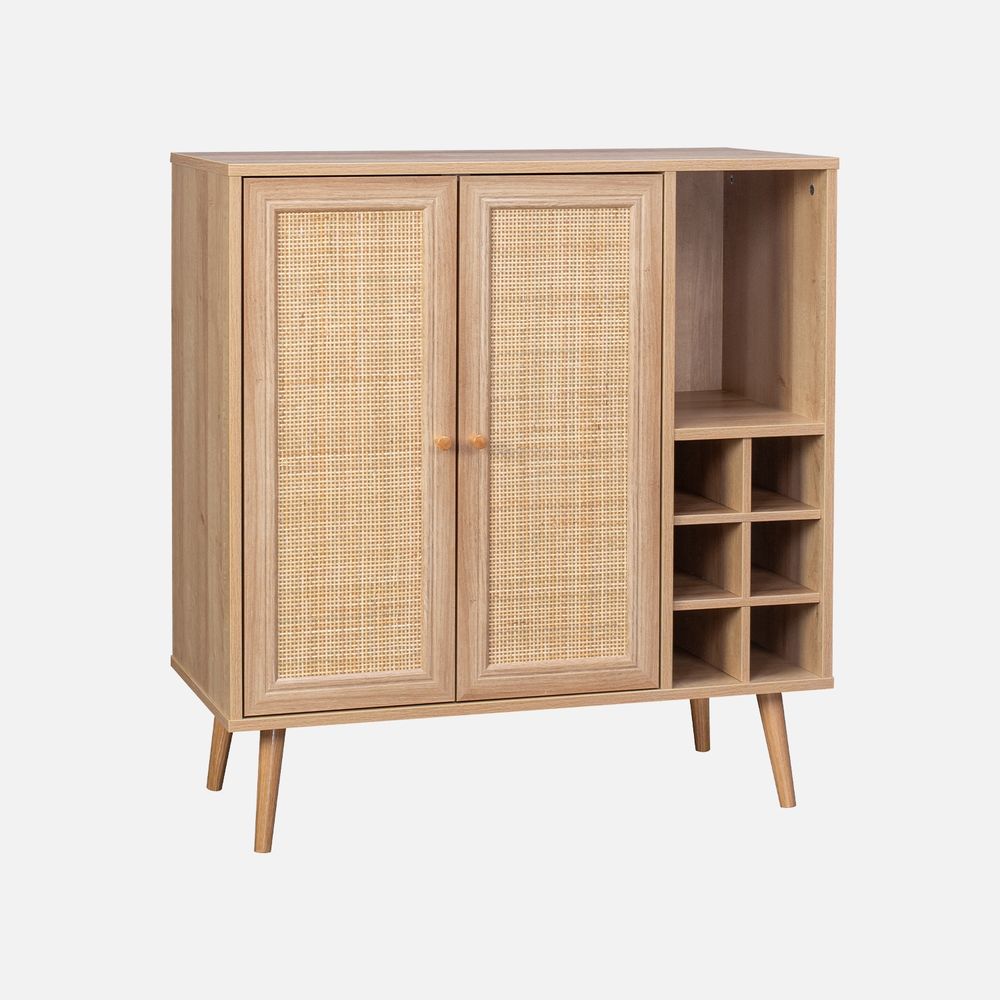 Buffet range bouteilles portes en cannage et décor bois avec casiers, buffet haut, vaisselier