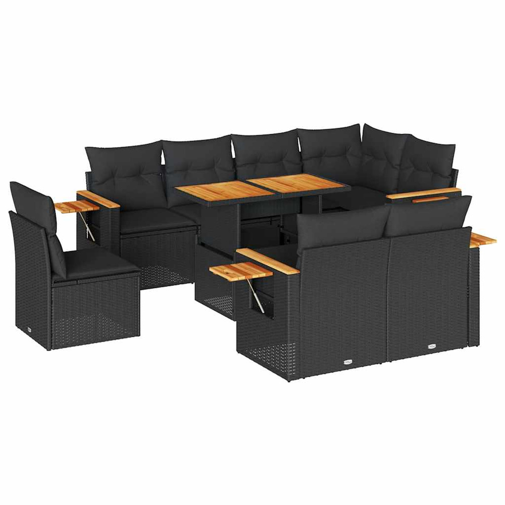 Salon de jardin avec coussins 9 pcs noir résine tressée acacia