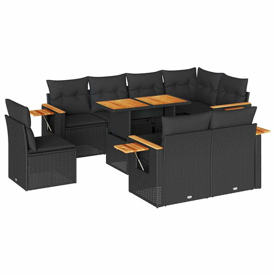 Salon de jardin avec coussins 9 pcs noir résine tressée acacia
