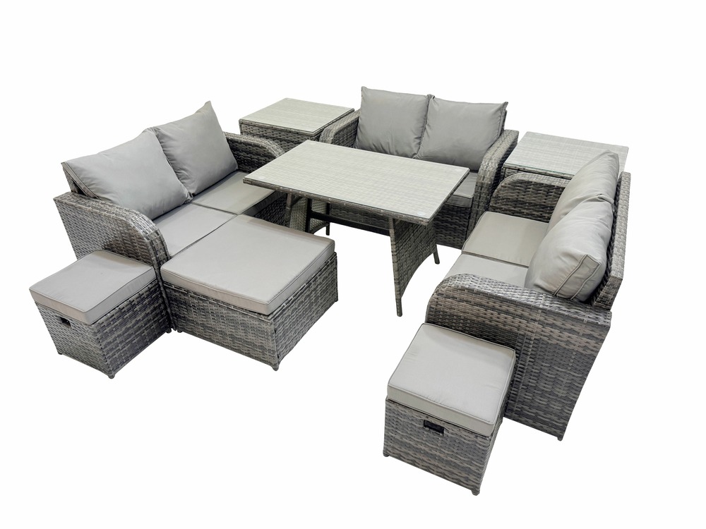 Salon de jardin exterieur avec canapé d'amour table à manger rectangulaire 3 tabourets 2 tables d'appoint gris foncé mixte