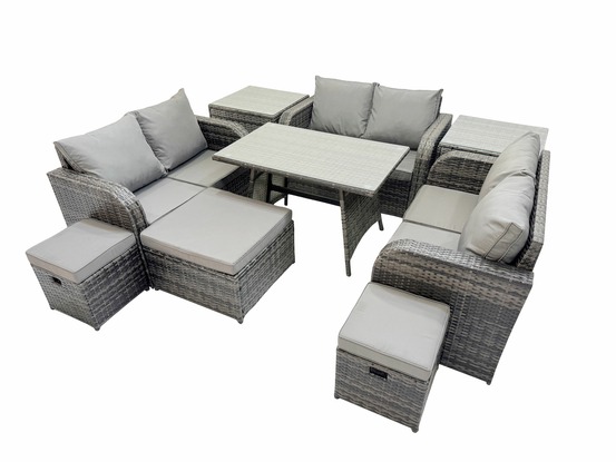 Salon de jardin exterieur avec canapé d'amour table à manger rectangulaire 3 tabourets 2 tables d'appoint gris foncé mixte