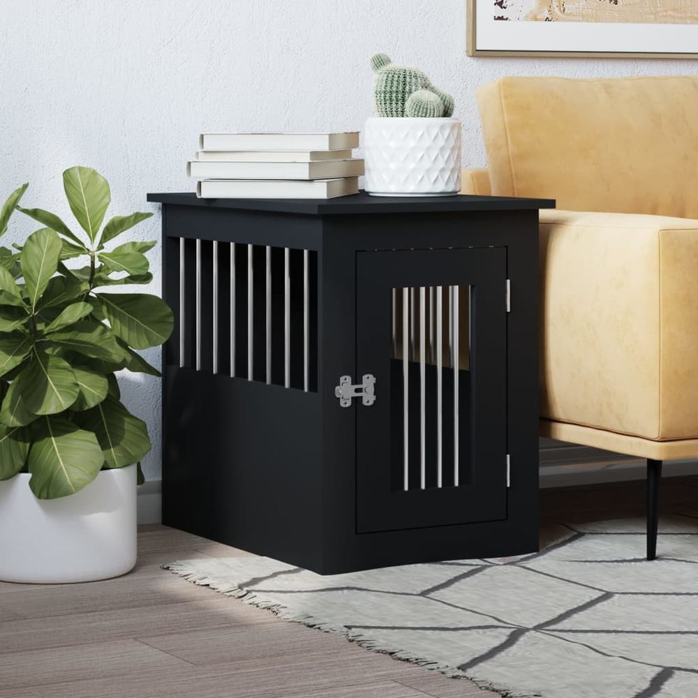 Meuble cage chien bois et acier table d'appoint pour salon noir 59cm